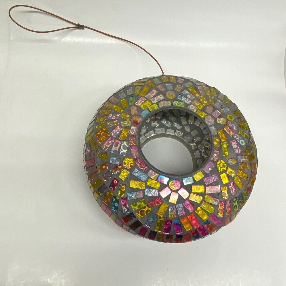 Mosaic Round Hanging Bird Feeder Fly Through Outdoors Pinks Yellow Blues